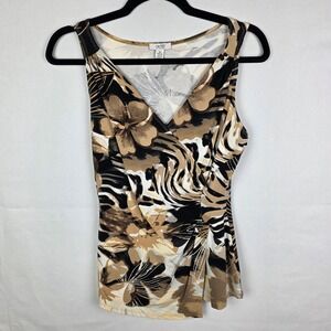 Cache Womens Floral Animal Print Side Ruched Wrap V-Neck Tank Brown Black M Y2K